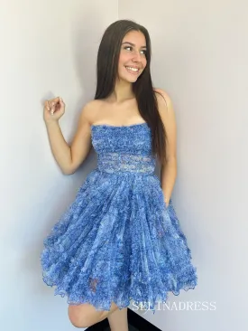 Strapless Tulle Blue Short Junior Homecoming Dress #EWR701