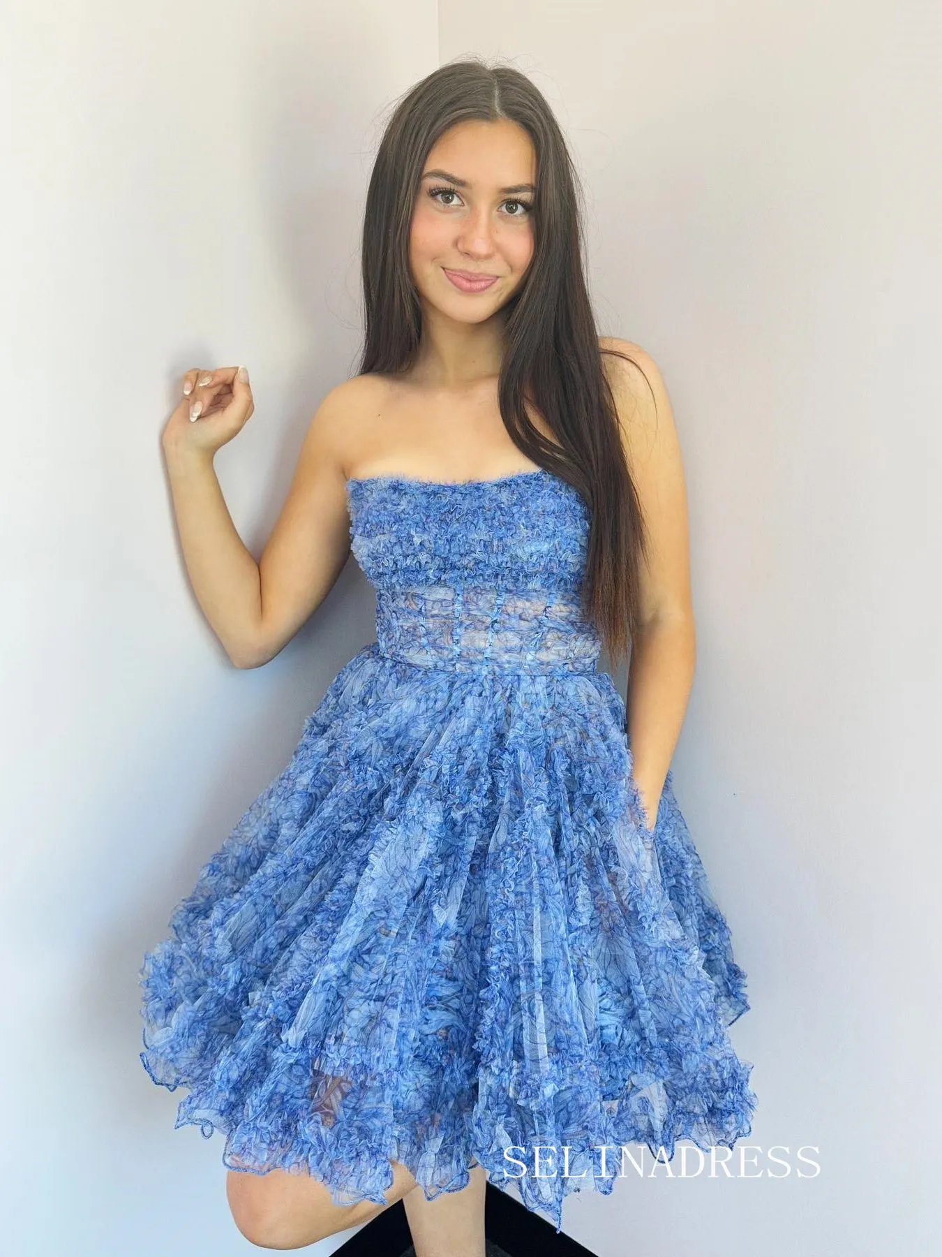 Strapless Tulle Blue Short Junior Homecoming Dress #EWR701