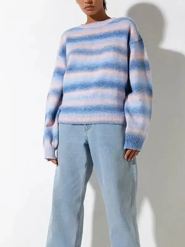 Striped Ombre Crew Neck Drop-Shoulder Sleeve Casual Sweater