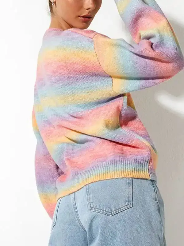 Striped Ombre Crew Neck Drop-Shoulder Sleeve Casual Sweater