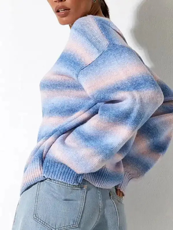 Striped Ombre Crew Neck Drop-Shoulder Sleeve Casual Sweater