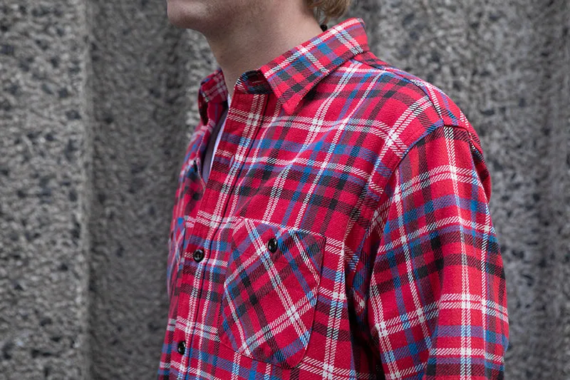 Sugar Cane L/S Twill Check Flannel Shirt - Red