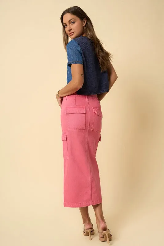 The Louise Colored Midi Cargo Denim Skirt - Pink