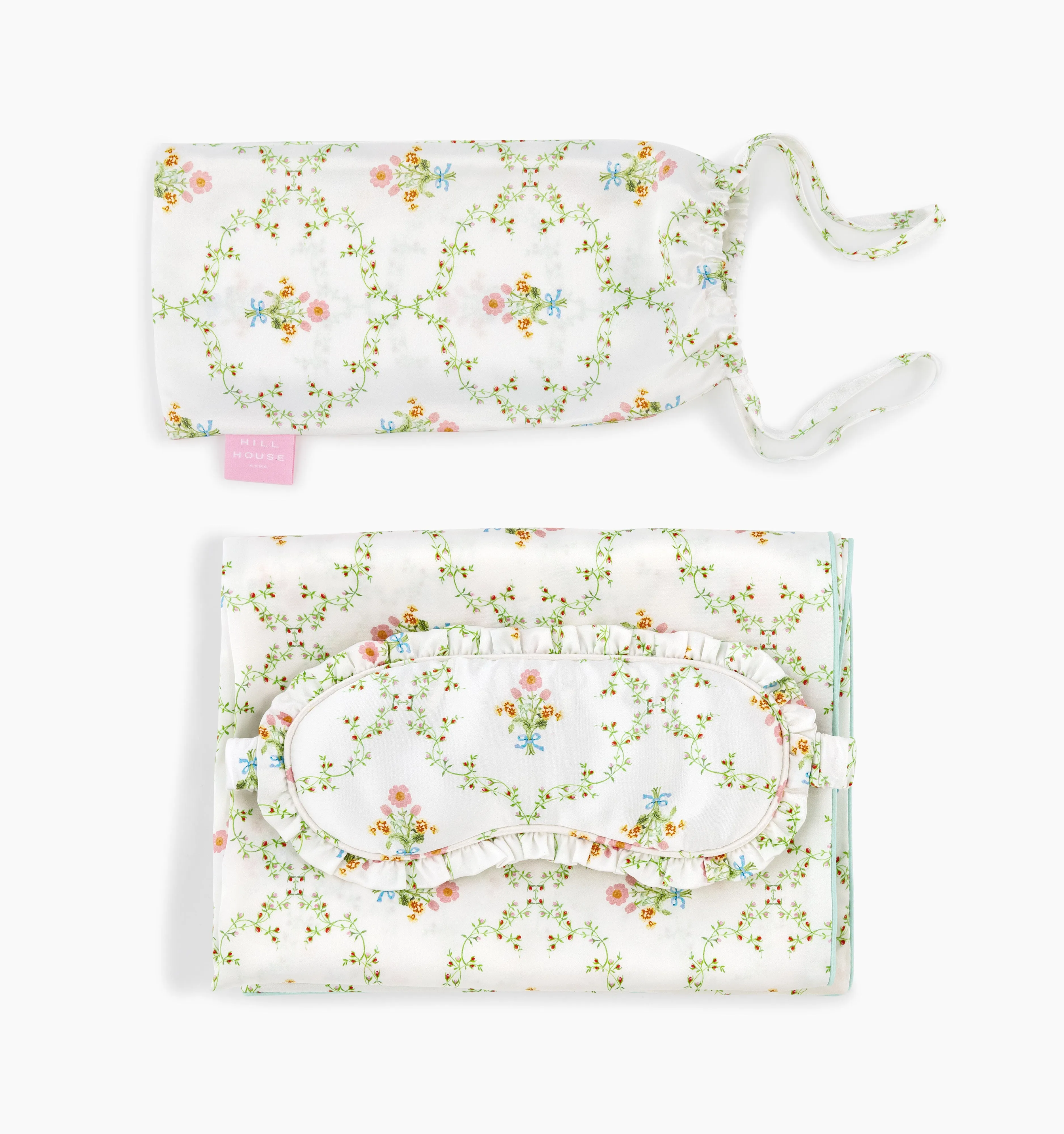 The Ruffle Eye Mask & Silk Pillowcase Set - Pastel Trellis