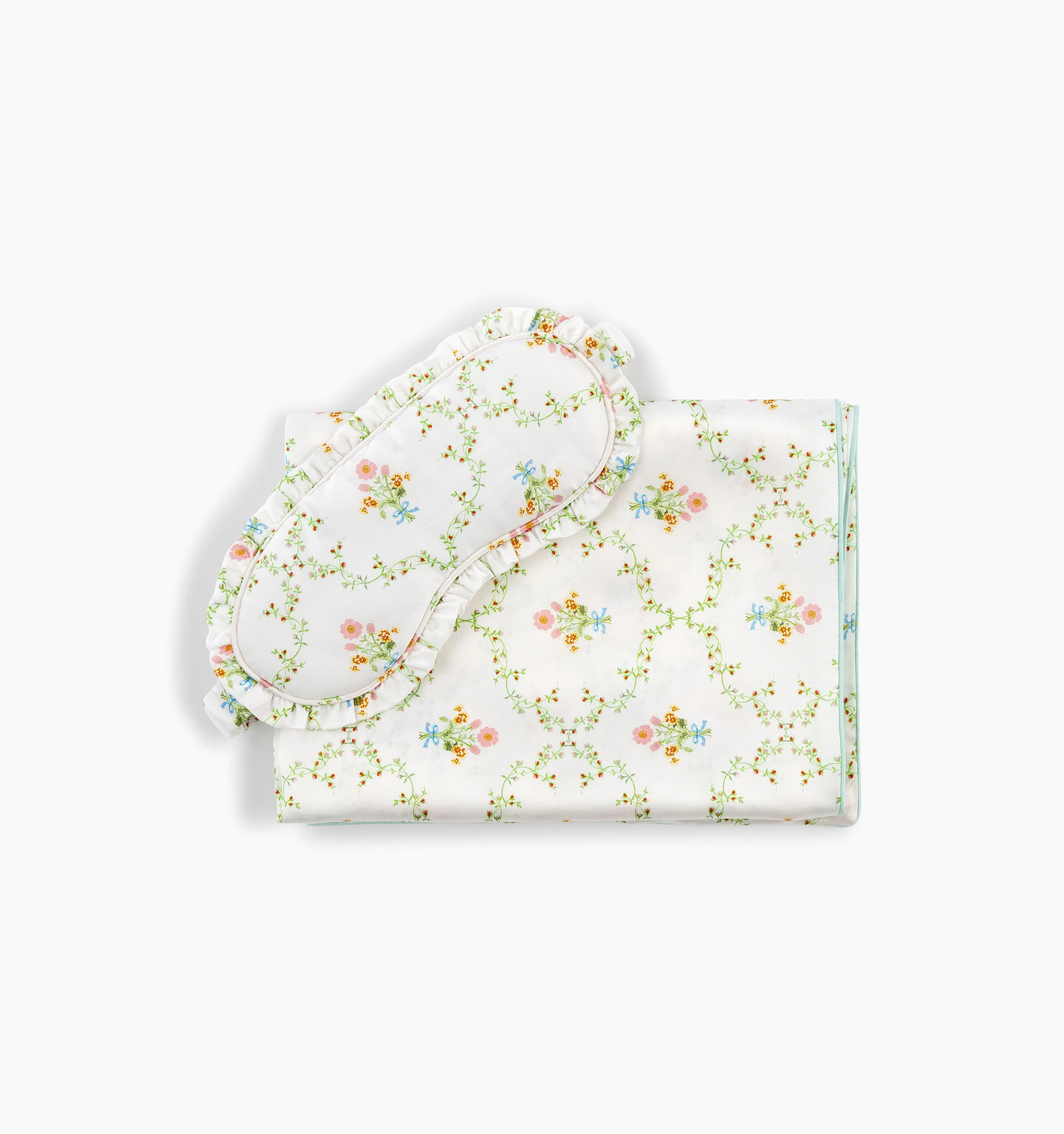 The Ruffle Eye Mask & Silk Pillowcase Set - Pastel Trellis