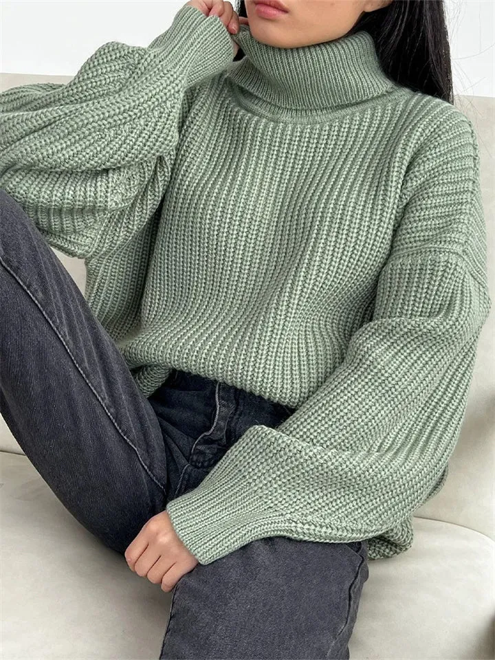 Thick Casual Turtleneck Solid Color Knitted Sweater