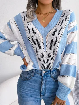 V-neck Leopard Lantern Sleeve Knitted Sweater