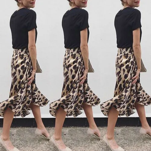 VenusFox High Waisted Asymmetric Stretch Leopard Skirt