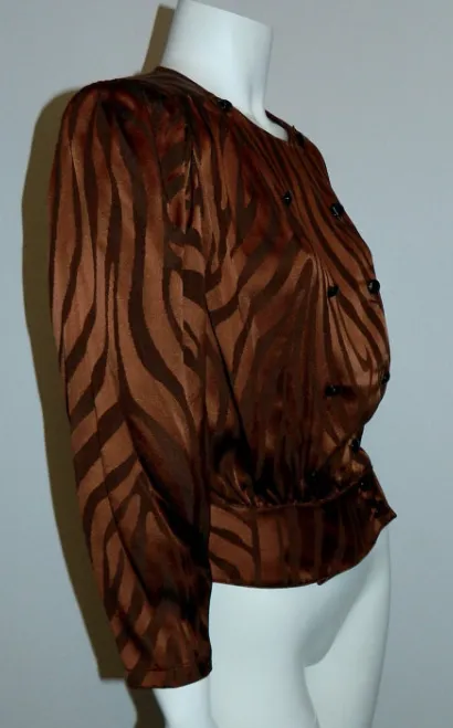 vintage 1980s tiger stripe shirt copper Louis Feraud silk blouse peplum top XS / S