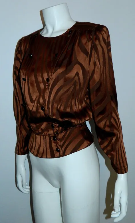 vintage 1980s tiger stripe shirt copper Louis Feraud silk blouse peplum top XS / S