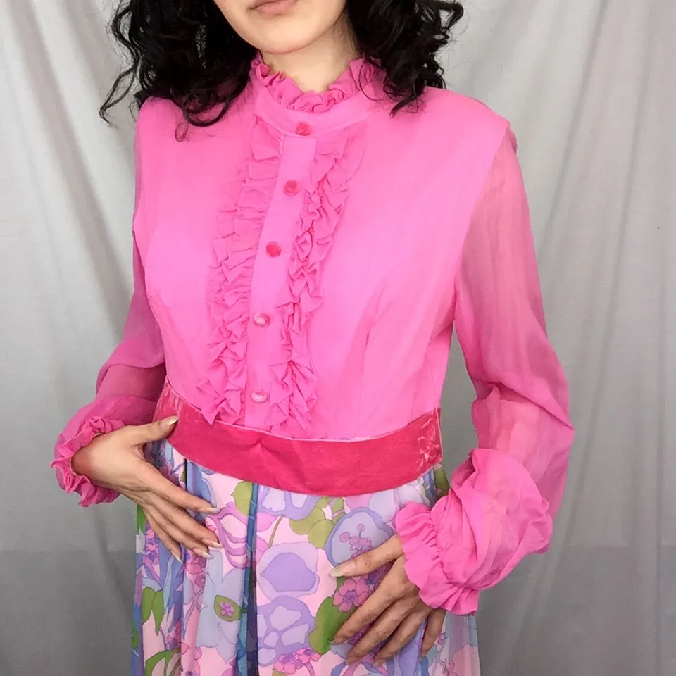 Vintage 60s 70s MOD Go Go Groovy Pink Floral Psychedelic Bellbottom Jumpsuit S