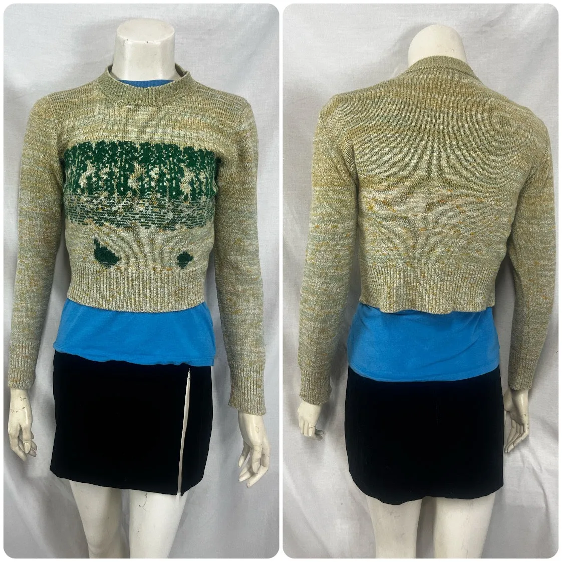 Vintage 70s | Green Ducks Cropped Retro Novelty Sweater Top Baby Tee | Small