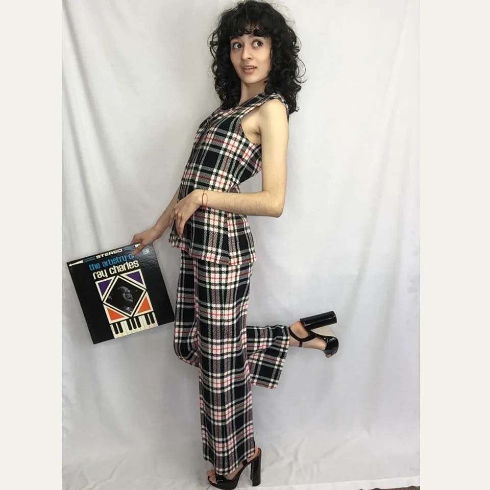 Vintage 70s | Plaid Groovy Mod Matching 2 Piece Top & Bellbottoms Pantsuit | XS