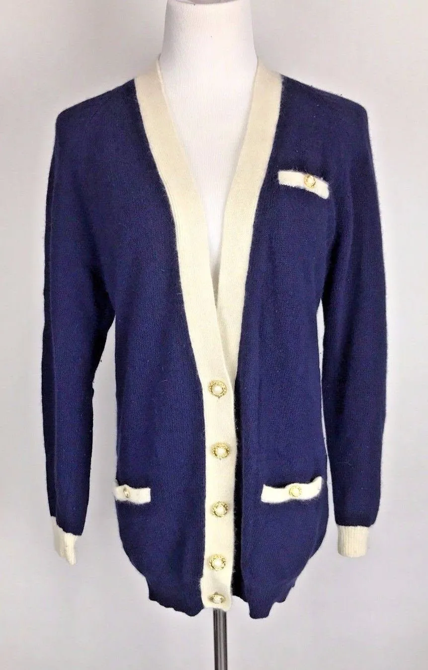 Vintage 80s Fuzzy Angora Lambswool Navy Gold Nautical Sweater Jacket Cardigan L