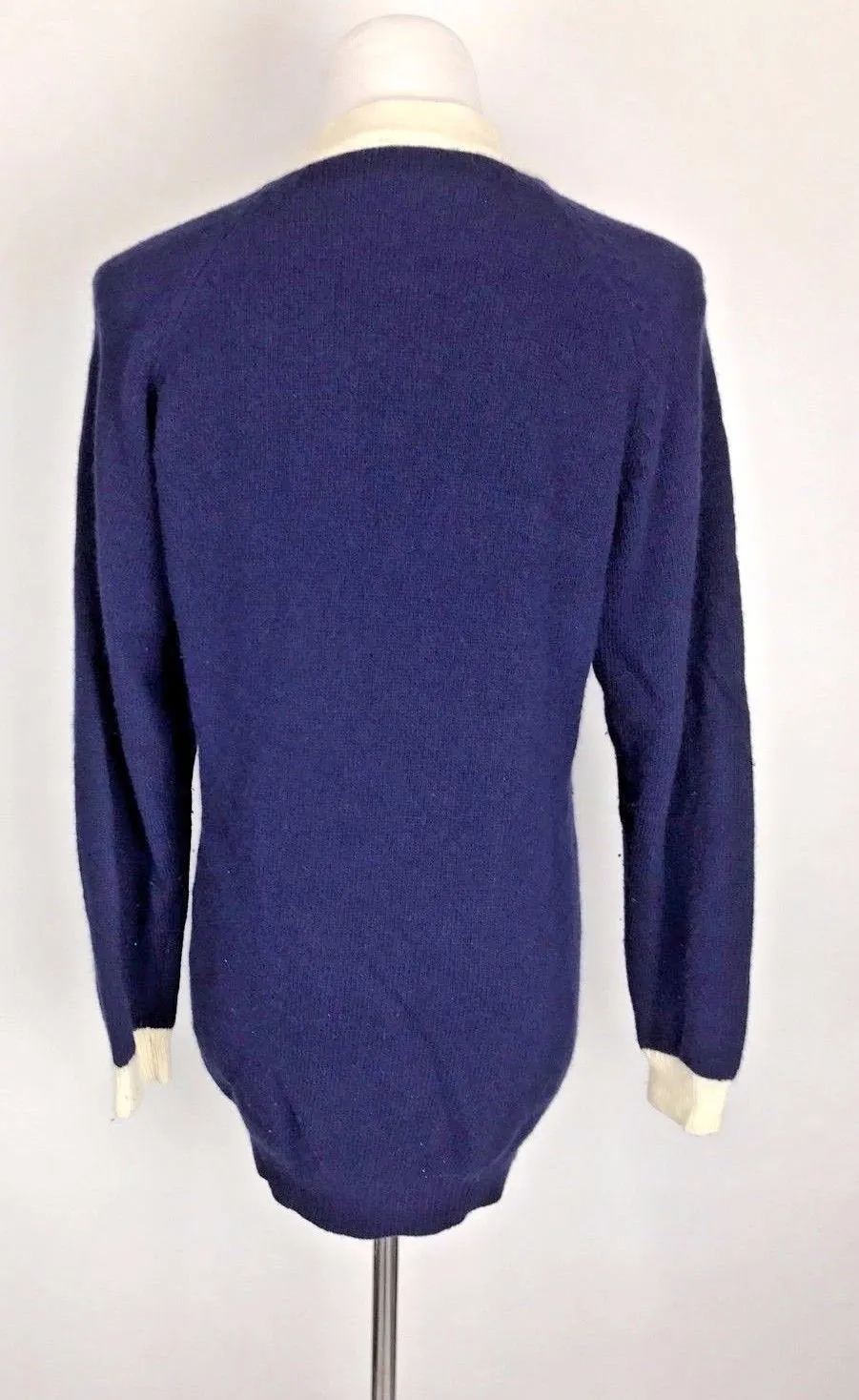 Vintage 80s Fuzzy Angora Lambswool Navy Gold Nautical Sweater Jacket Cardigan L