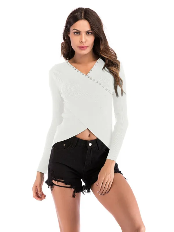 women's beaded knitted navel-less V-neck tight sweater