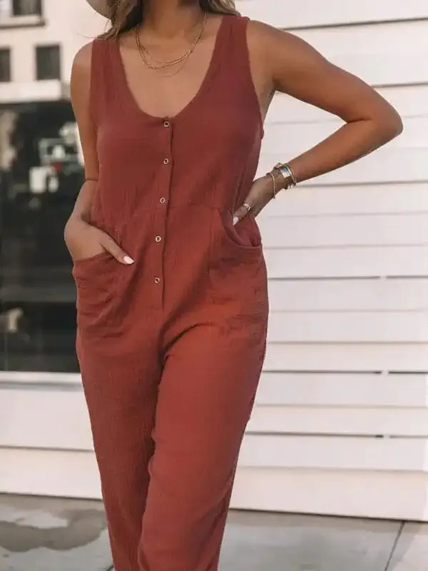 Women’s Casual Fashion Solid Color Button Casual Jumpsuit