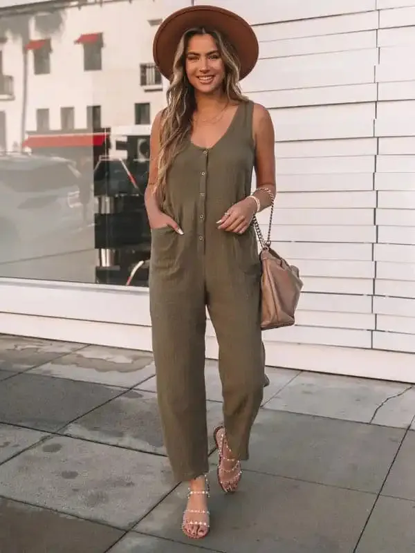 Women’s Casual Fashion Solid Color Button Casual Jumpsuit