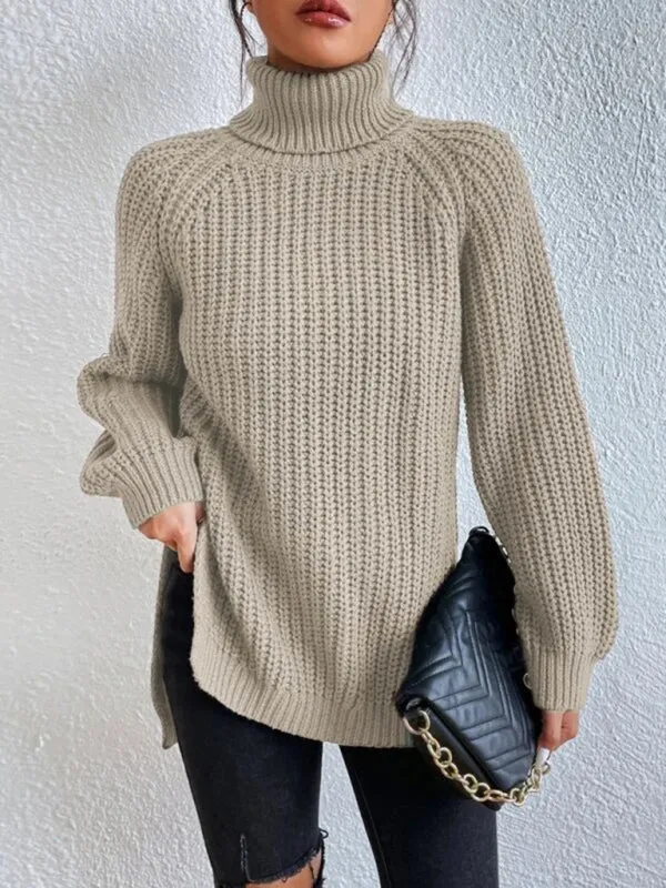 Women's casual pullover turtleneck slit loose sweater