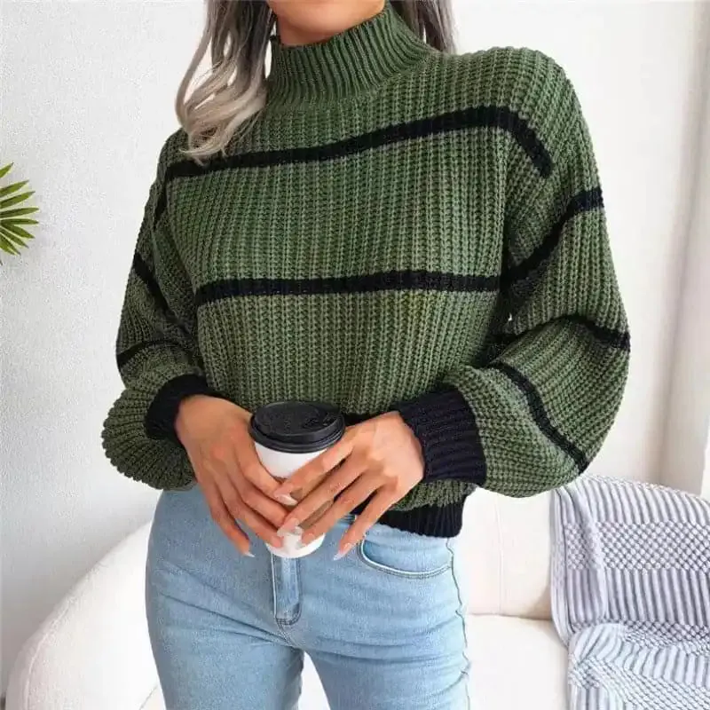 Women’s Casual Striped Balloon Sleeve Turtleneck Sweater