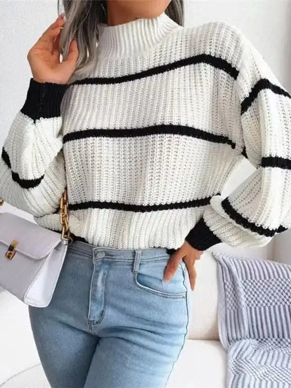 Women’s Casual Striped Balloon Sleeve Turtleneck Sweater