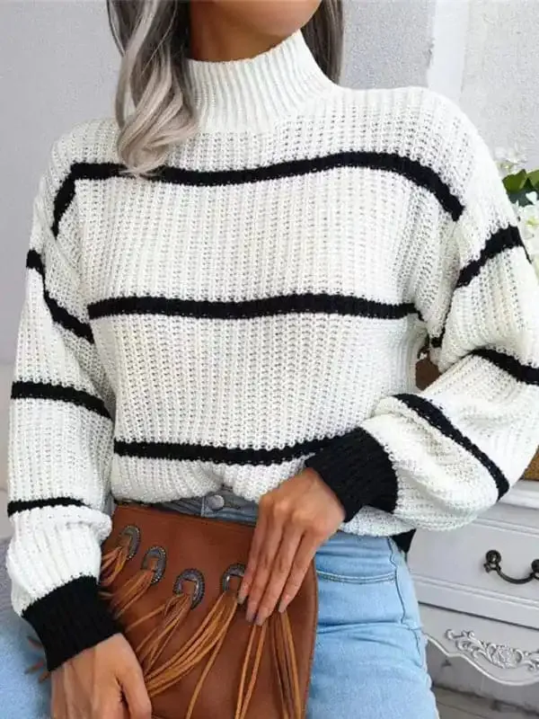 Women’s Casual Striped Balloon Sleeve Turtleneck Sweater