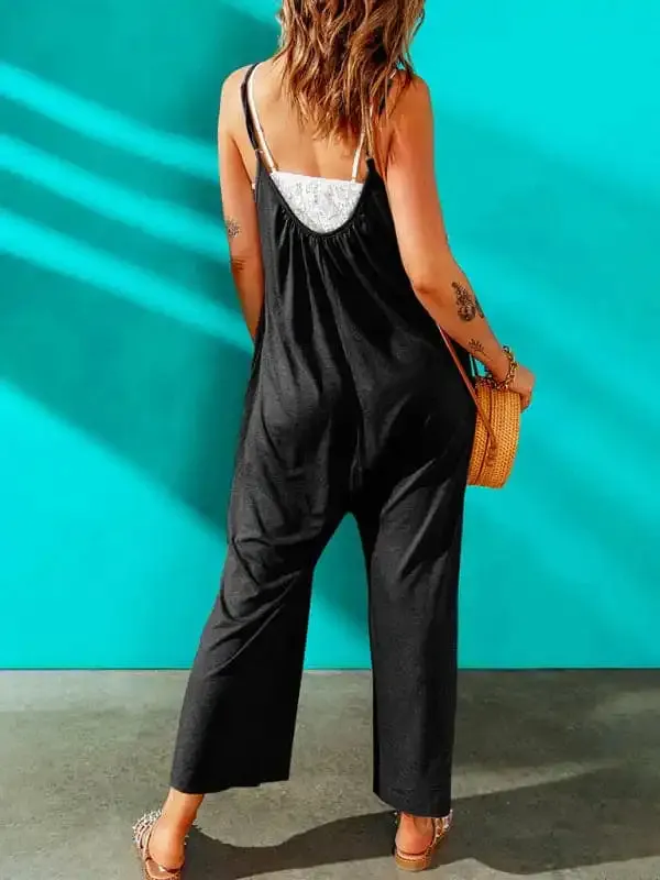 Women’s casual suspenders jumpsuit loose simple wide-leg jumpsuit