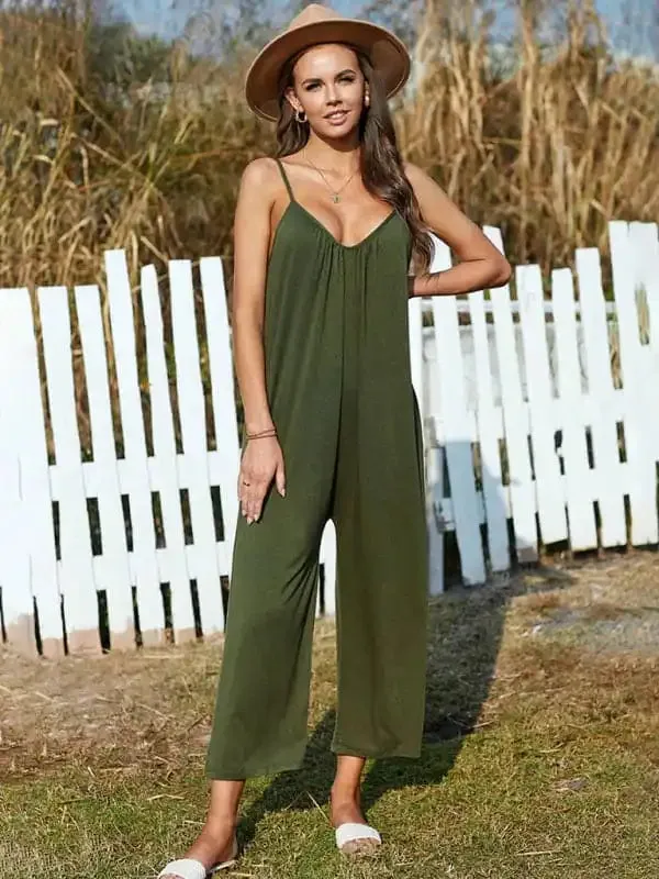 Women’s casual suspenders jumpsuit loose simple wide-leg jumpsuit