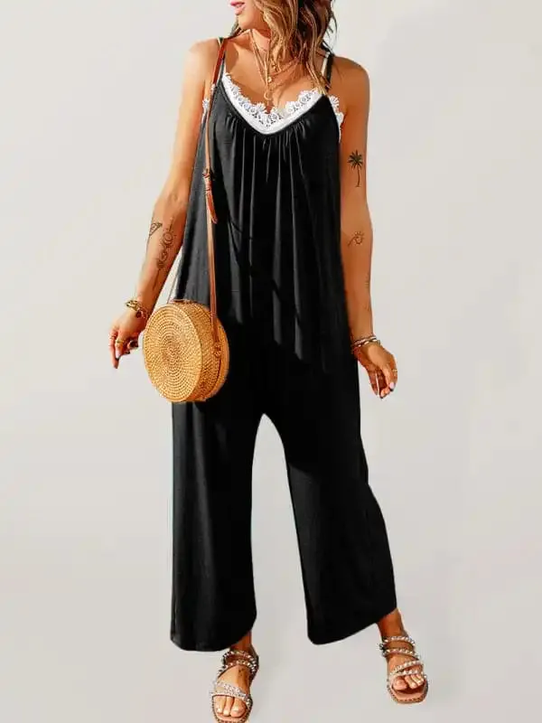 Women’s casual suspenders jumpsuit loose simple wide-leg jumpsuit