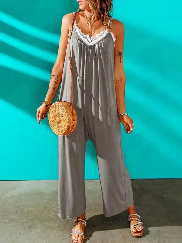 Women’s casual suspenders jumpsuit loose simple wide-leg jumpsuit