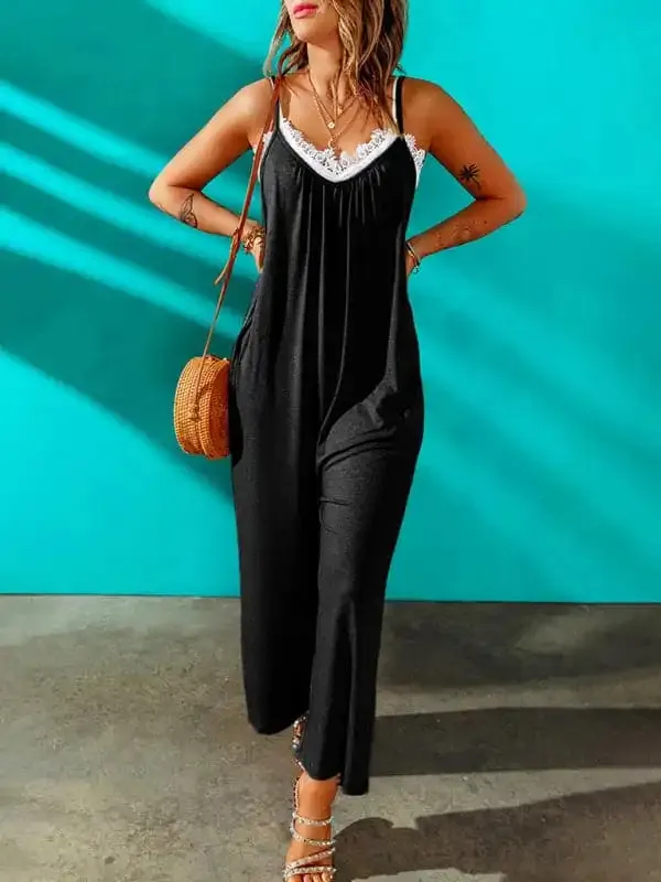 Women’s casual suspenders jumpsuit loose simple wide-leg jumpsuit