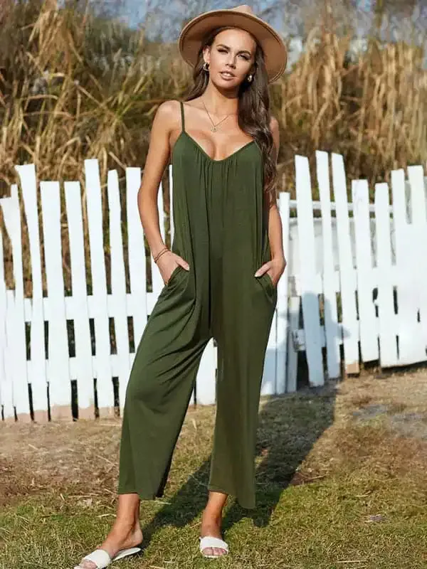 Women’s casual suspenders jumpsuit loose simple wide-leg jumpsuit