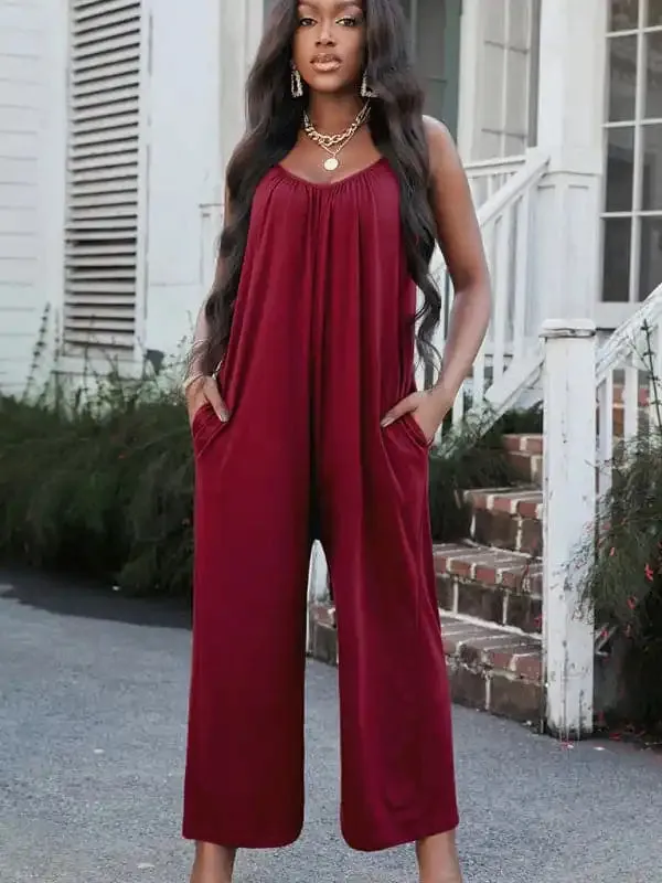 Women’s casual suspenders jumpsuit loose simple wide-leg jumpsuit