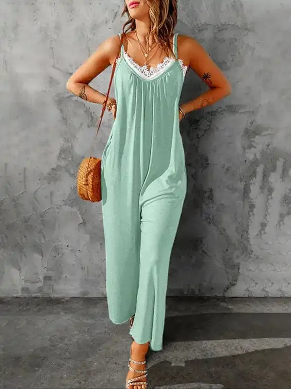 Women’s casual suspenders jumpsuit loose simple wide-leg jumpsuit