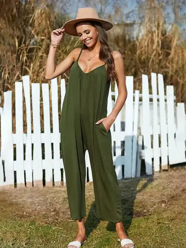 Women’s casual suspenders jumpsuit loose simple wide-leg jumpsuit