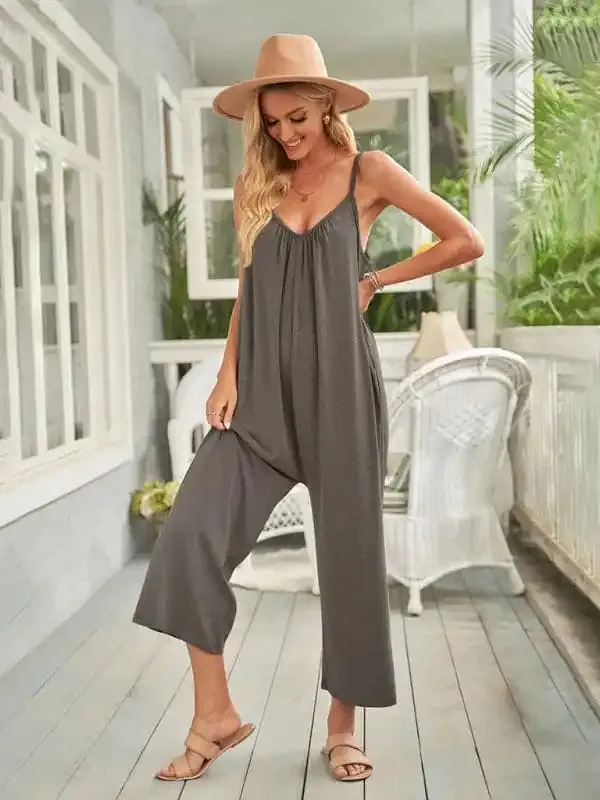 Women’s casual suspenders jumpsuit loose simple wide-leg jumpsuit