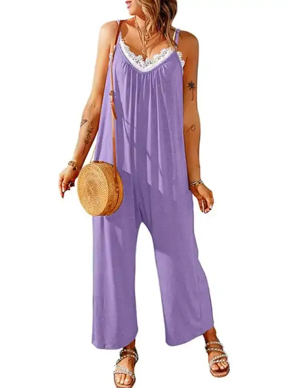 Women’s casual suspenders jumpsuit loose simple wide-leg jumpsuit