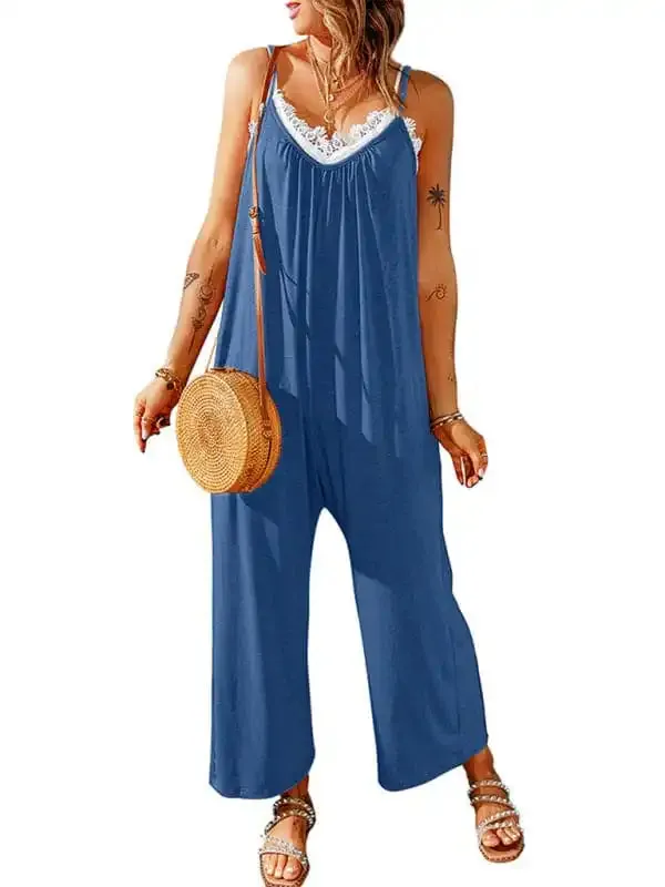 Women’s casual suspenders jumpsuit loose simple wide-leg jumpsuit