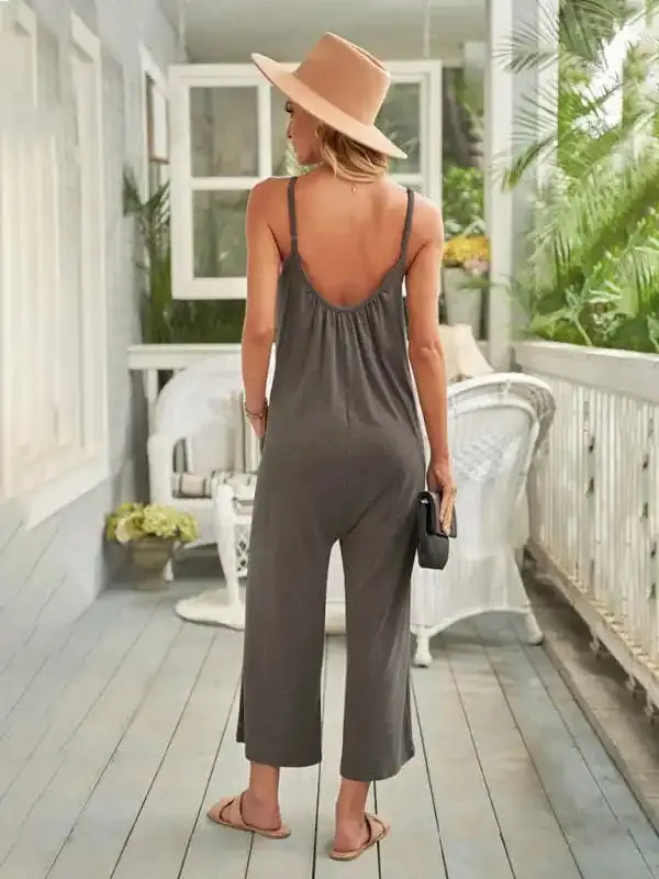 Women’s casual suspenders jumpsuit loose simple wide-leg jumpsuit