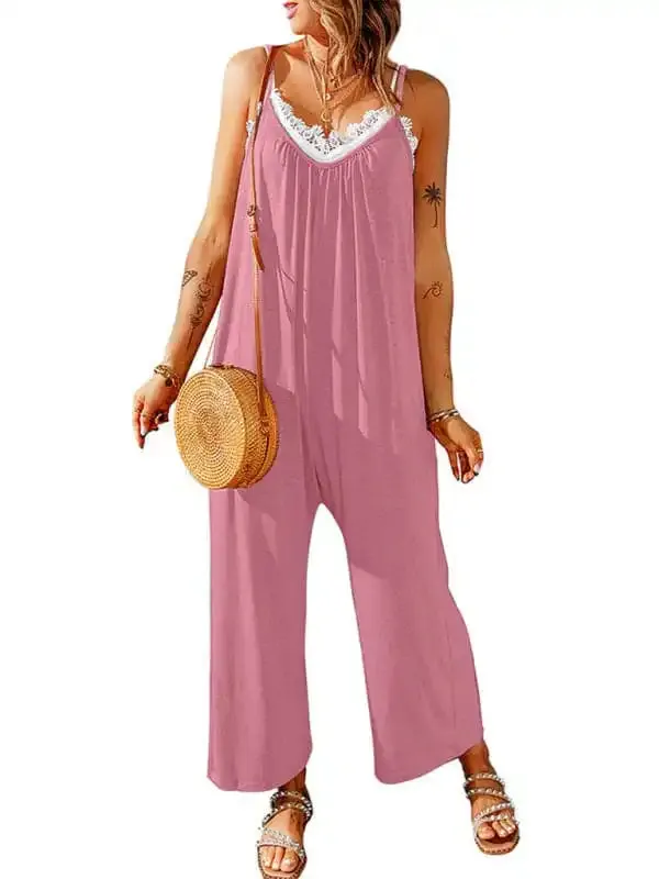 Women’s casual suspenders jumpsuit loose simple wide-leg jumpsuit