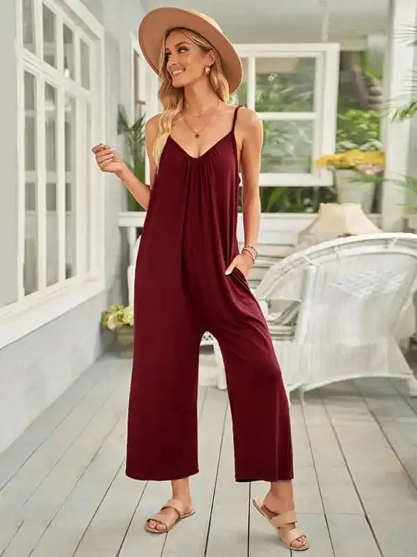 Women’s casual suspenders jumpsuit loose simple wide-leg jumpsuit