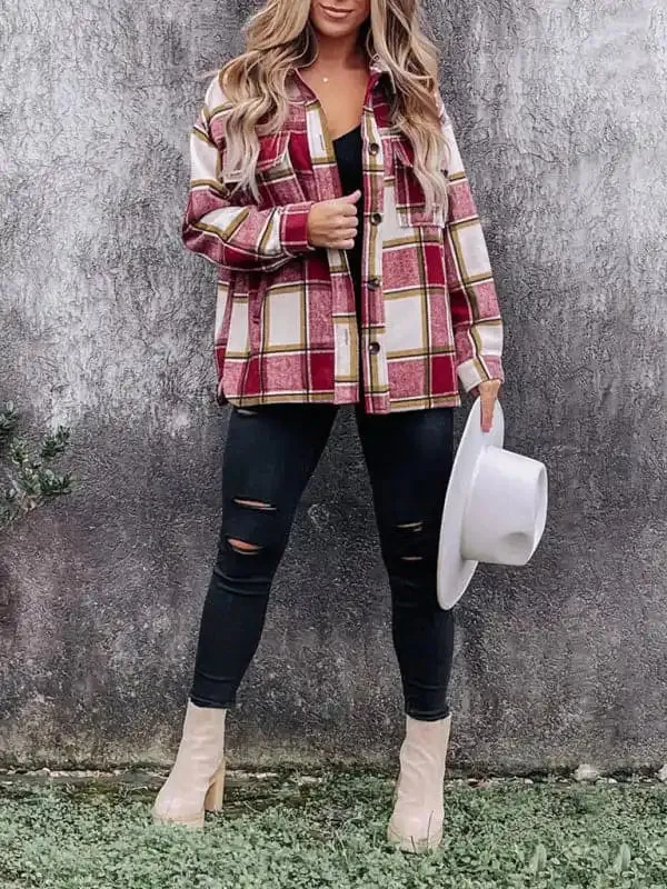 Women’s Check Print Long Sleeve Casual Jacket