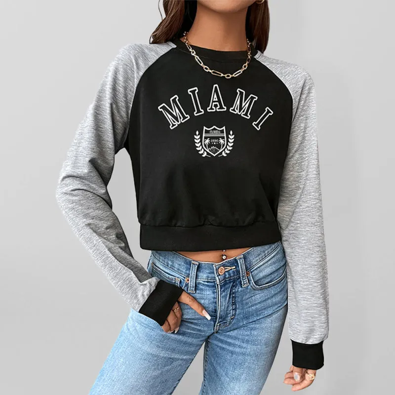 Women's Cropped Raglan Long Sleeve Slogan Sweatshirt