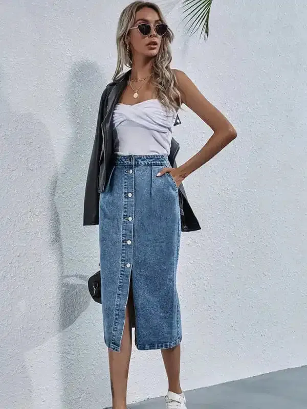 Women’s Denim Button-Up Midi Skirt