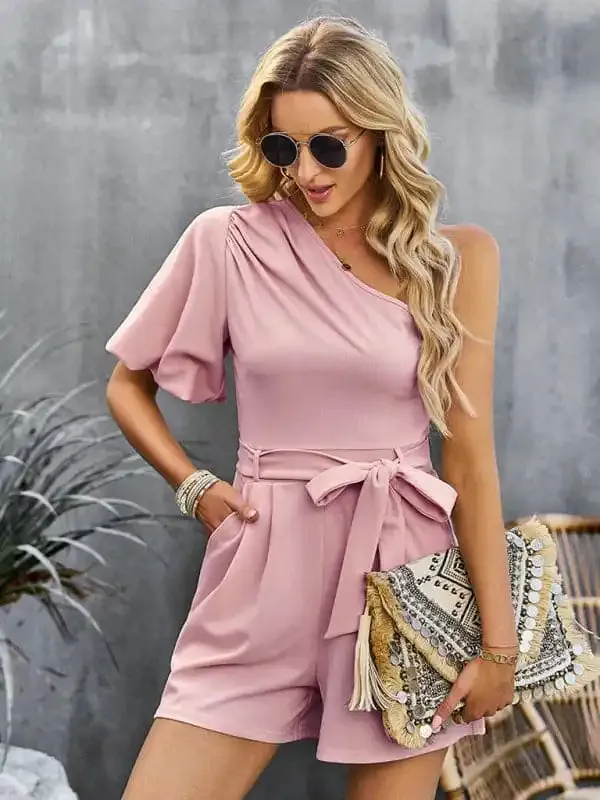 Women’s Elegant Solid Color One Shoulder Rompers