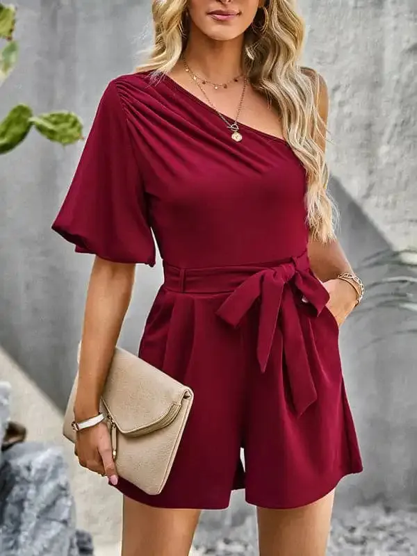 Women’s Elegant Solid Color One Shoulder Rompers