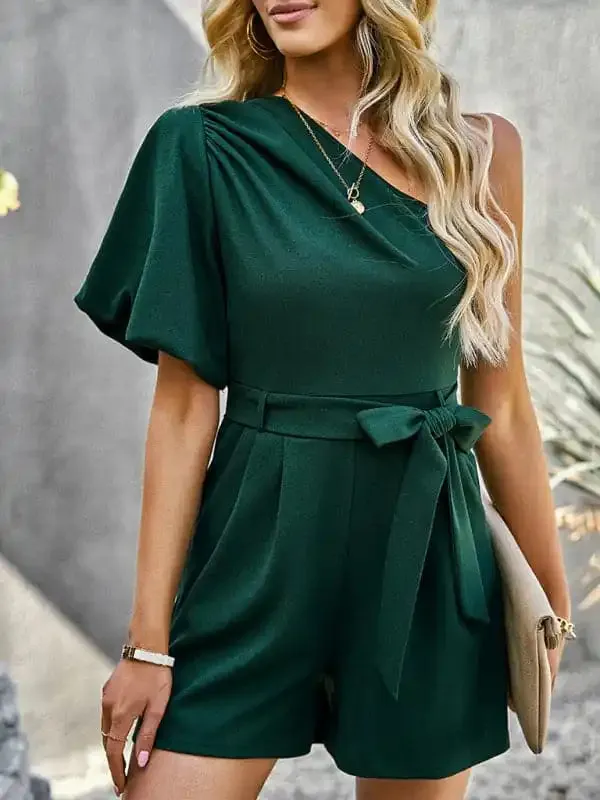 Women’s Elegant Solid Color One Shoulder Rompers