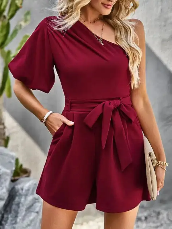 Women’s Elegant Solid Color One Shoulder Rompers