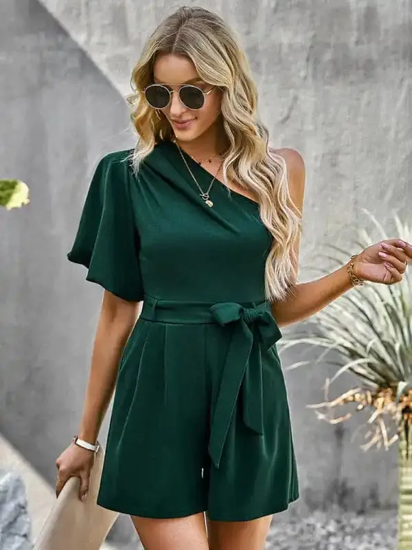 Women’s Elegant Solid Color One Shoulder Rompers