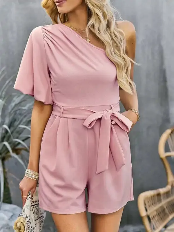 Women’s Elegant Solid Color One Shoulder Rompers